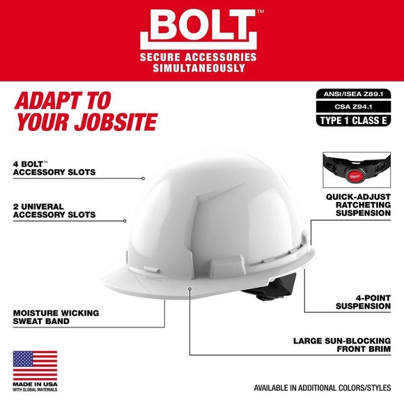 BOLT Red Type 1 Class E Front Brim Non-Vented Hard Hat NWT - Picture 5 of 13